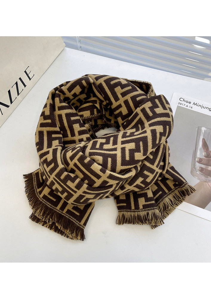 Polyester Warm Knit Printed Brown Scarf