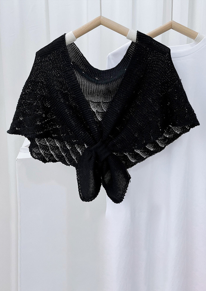 Solid Crossover V-neck Black Polyester Shawl