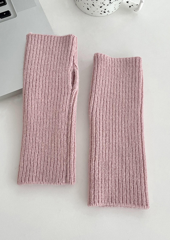 In Pink Polyester Cut-out Rib-knit Gloves