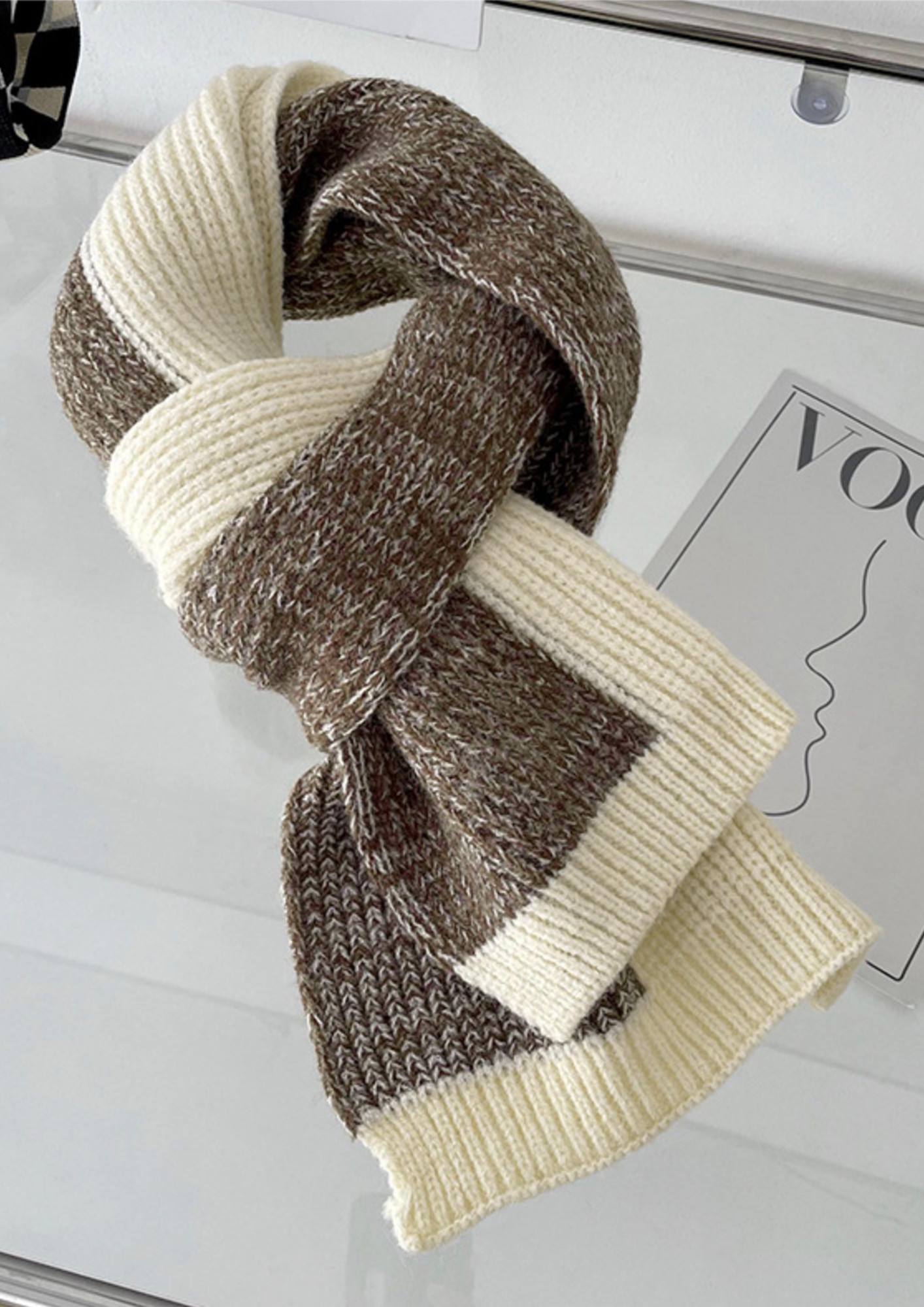 THICK COLOURBLOCK BEIGE KNITTED RIBBED SCARF