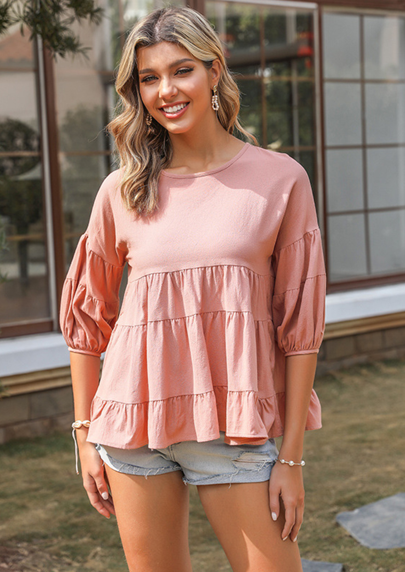 SHORT SLEEVES TIERED TUNIC TOP