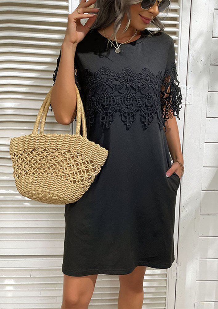 MODERN TOUCH LACE DETAILING BLACK DRESS