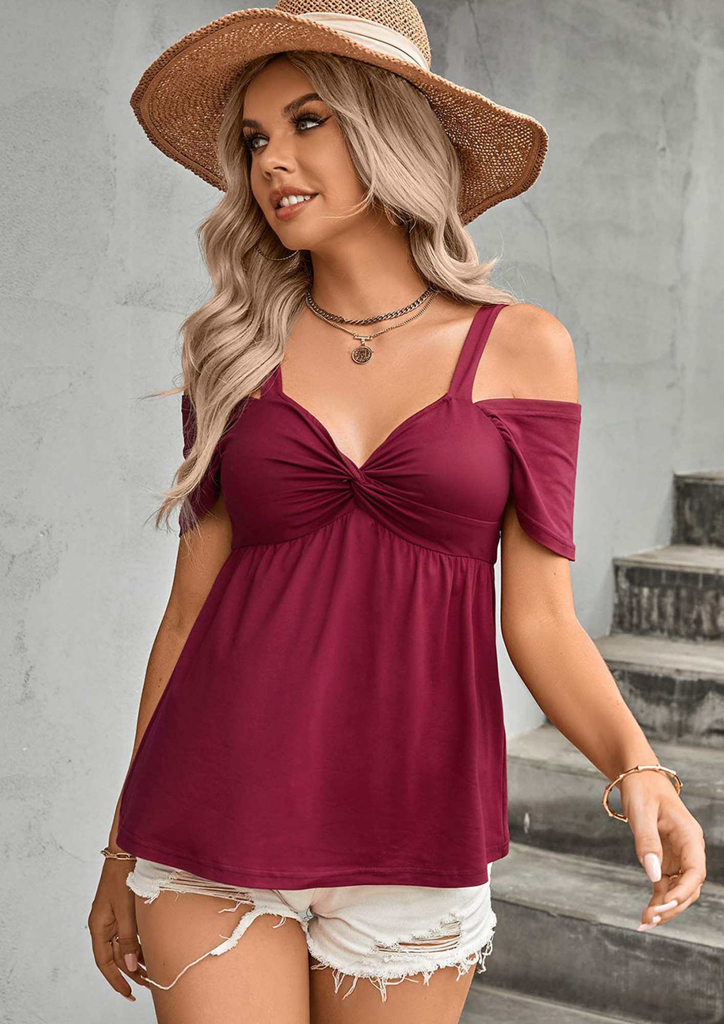 IT'S SO CUTE RED COLD SHOULDER BLOUSE