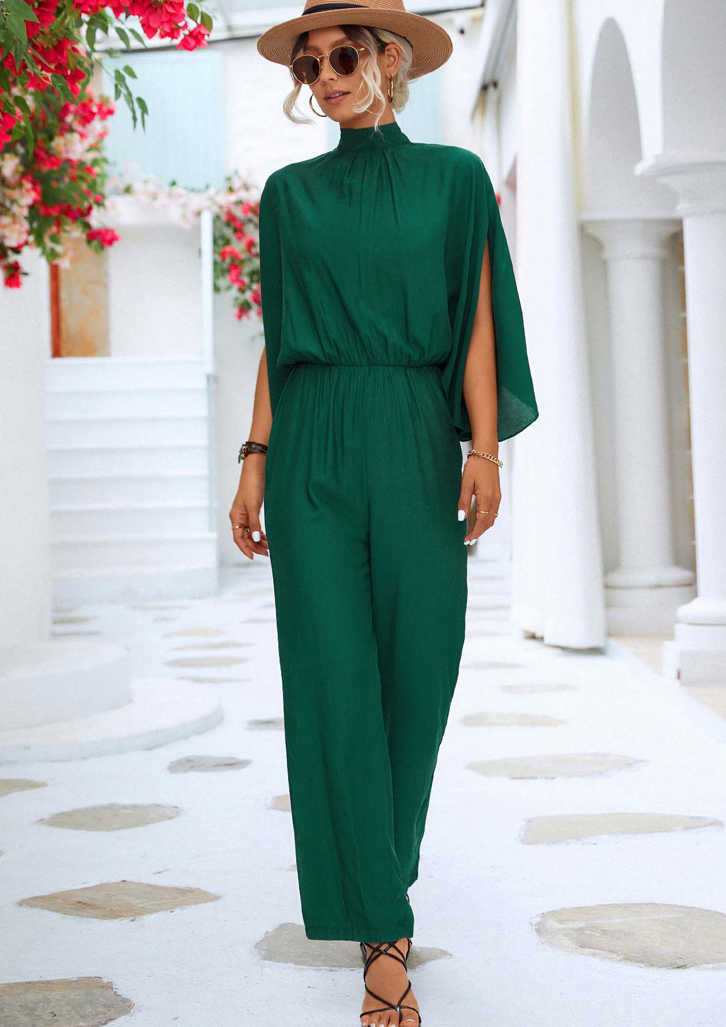 SLIT 3/4TH SLEEVE SOLID GREEN JUMPSUIT