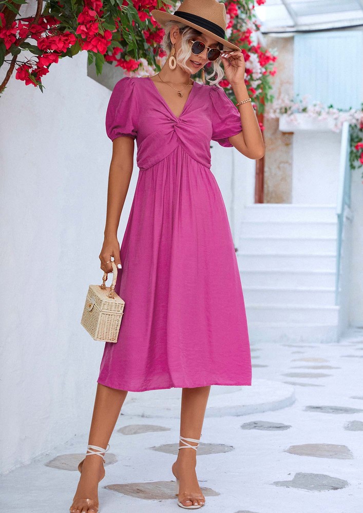 SOLID PINK TWISTED BUST MIDI DRESS