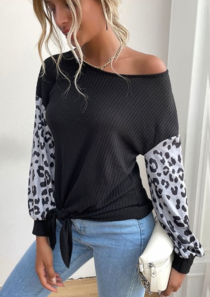 Uncanny Times Knitted Animal Print Black Top