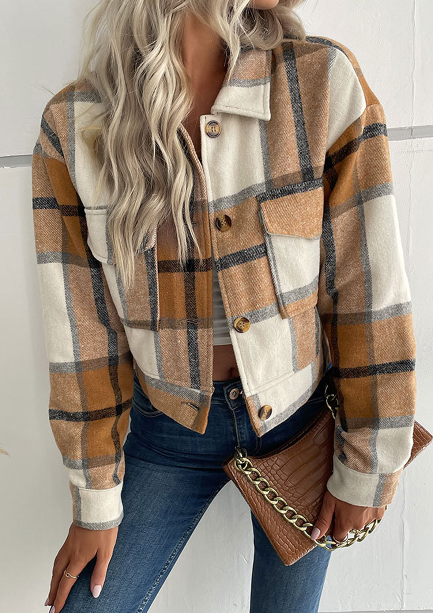 POLYESTER SHORT BUTTONED WOVEN PLAID BROWN JACKET