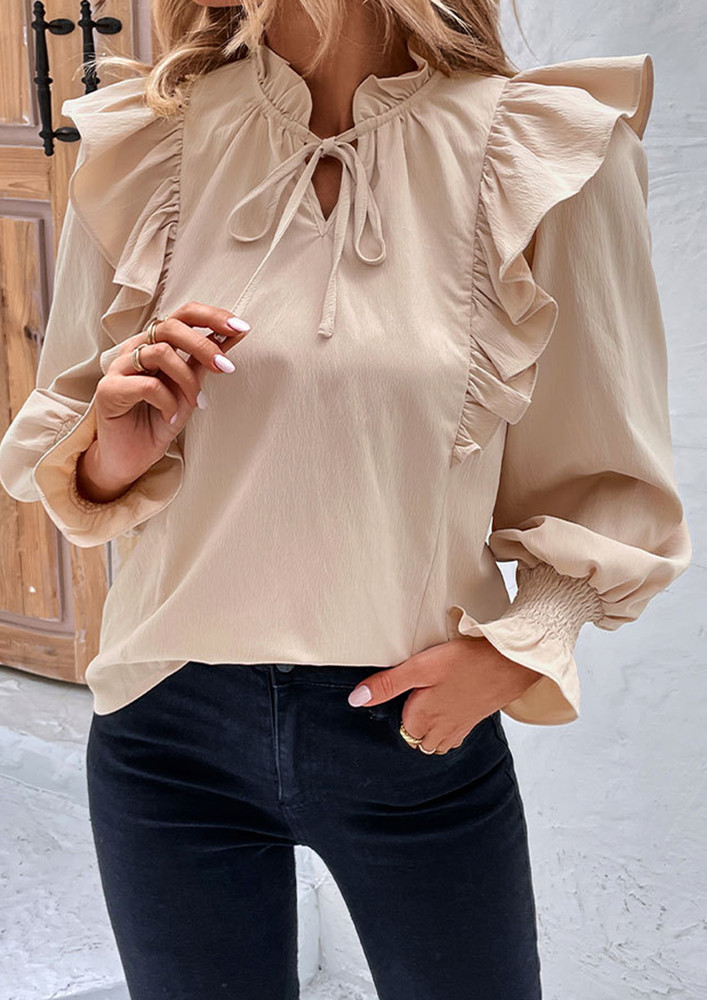 RETRO-STYLE FRILLED BEIGE BLOUSE