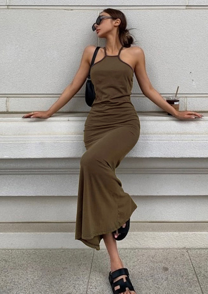 DARLING IT'S ME, HALTER NECK, SLEEVELESS, CASUAL, BROWN MAXI DRESS