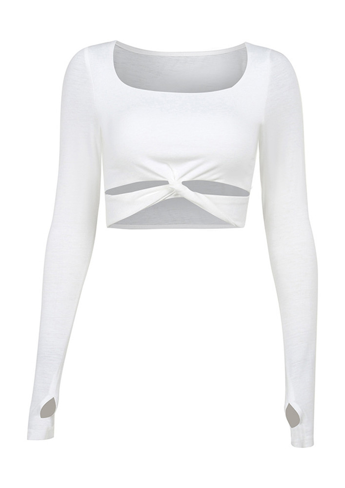 Rickie White Crossover Twisted Hem, Fitted, Full Sleeves Crop Top