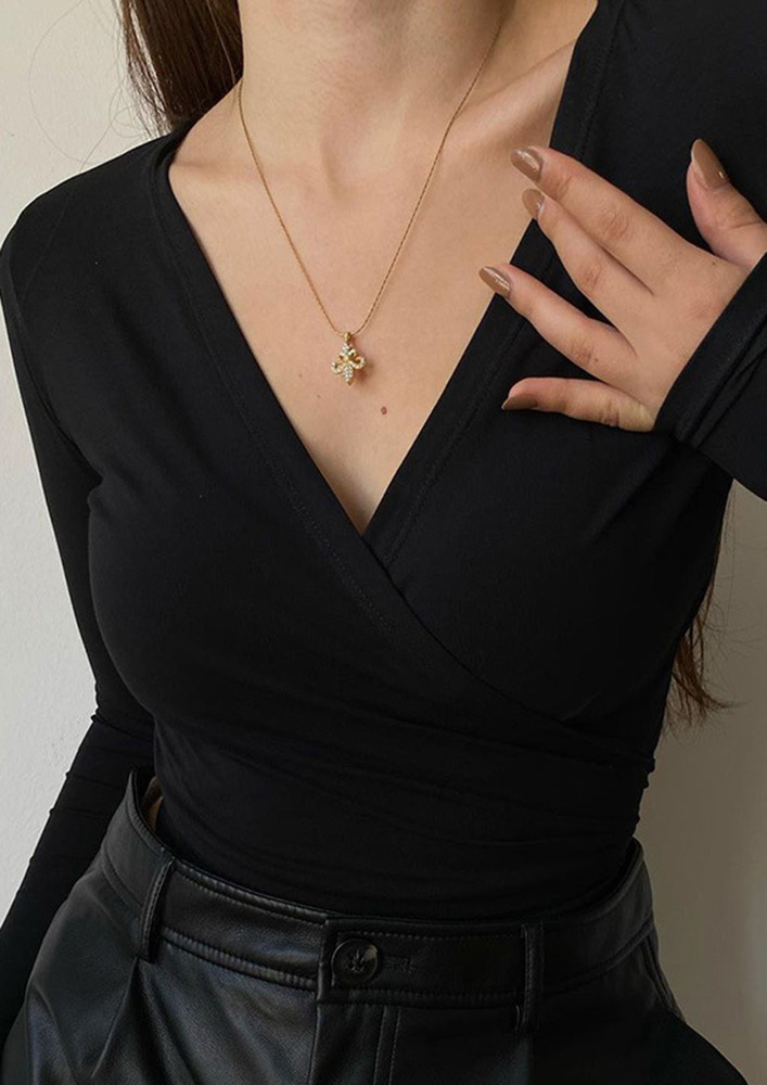 In My Beautifully Wrap-over Black, V-neck, Crop Top