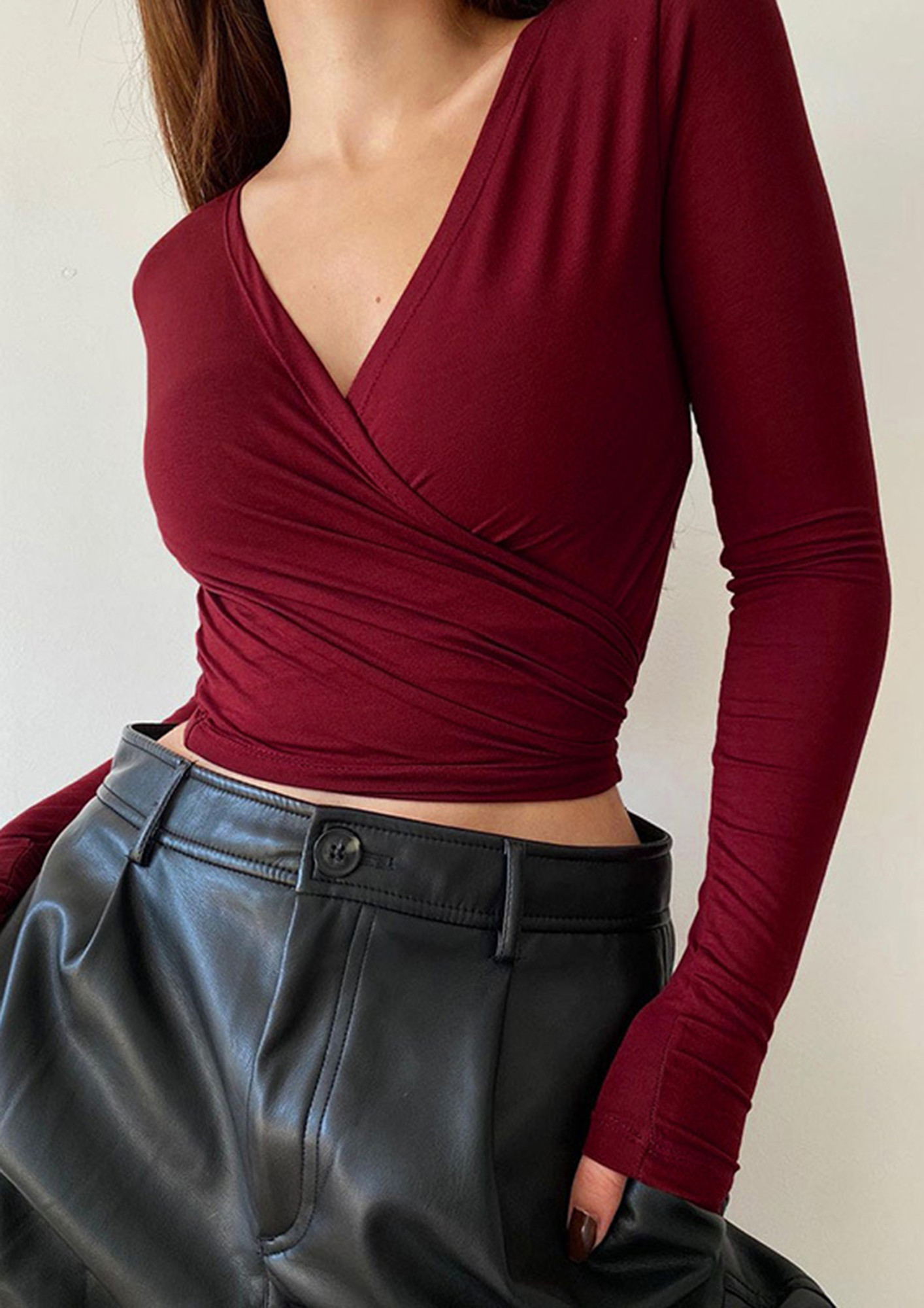 IN MY BEAUTIFULLY WRAP-OVER MAROON RED, V-NECK, CROP TOP
