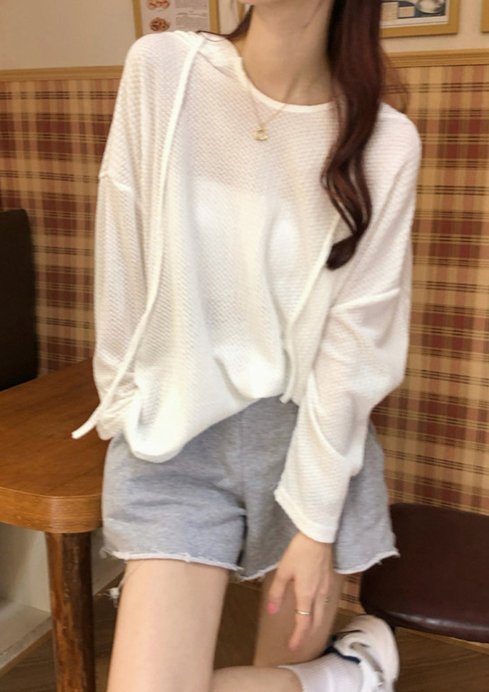 WHITE SOLID HOODED REGULAR FIT T-SHIRT TOP