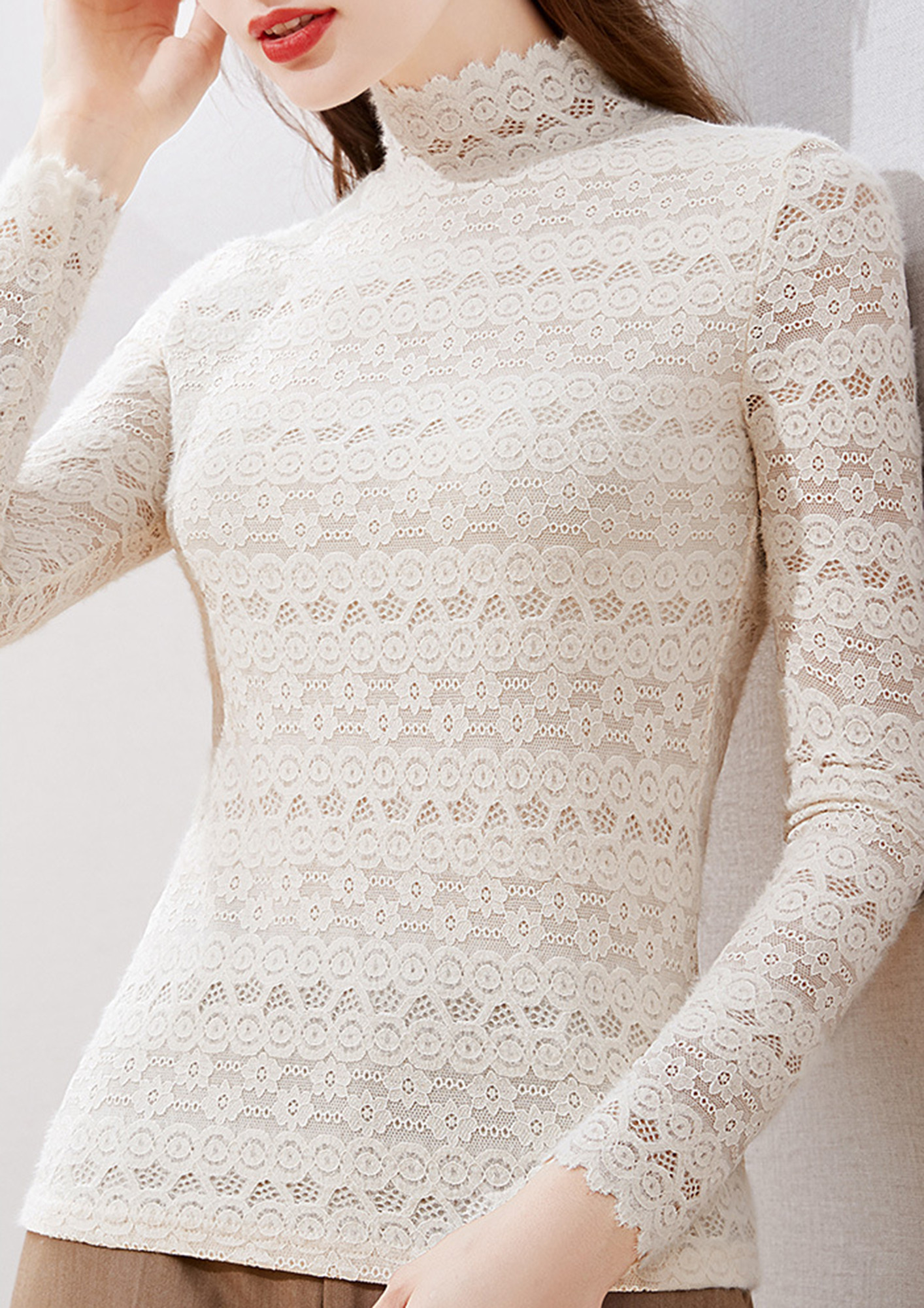 White Full Sleeves High Neck Top With Lycra Lace