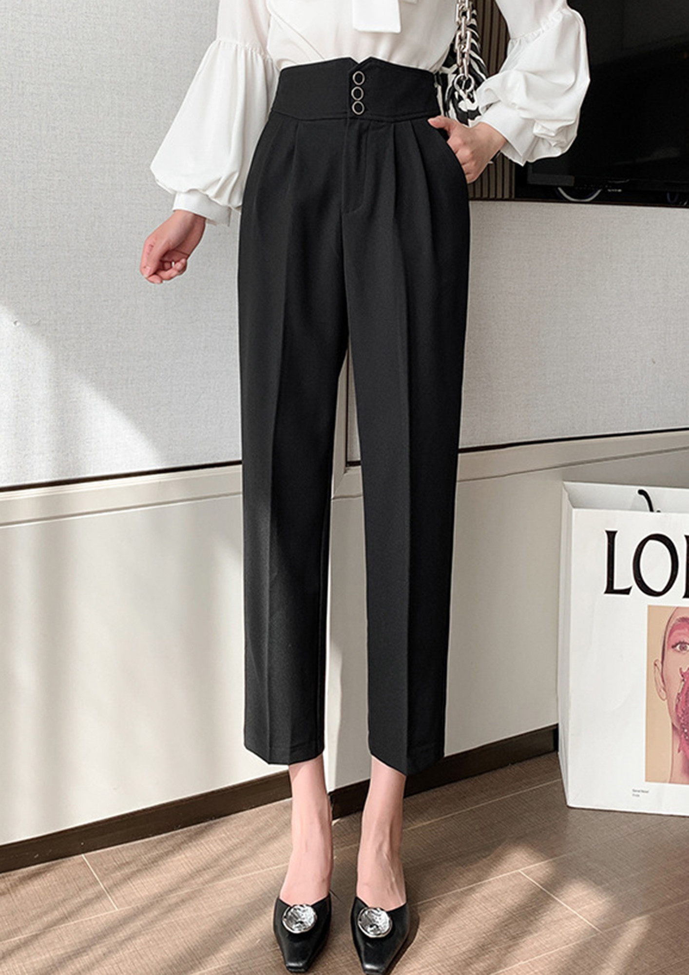 Jeans & Trousers | Black Formal Pants For Women With Attached Belt | Freeup