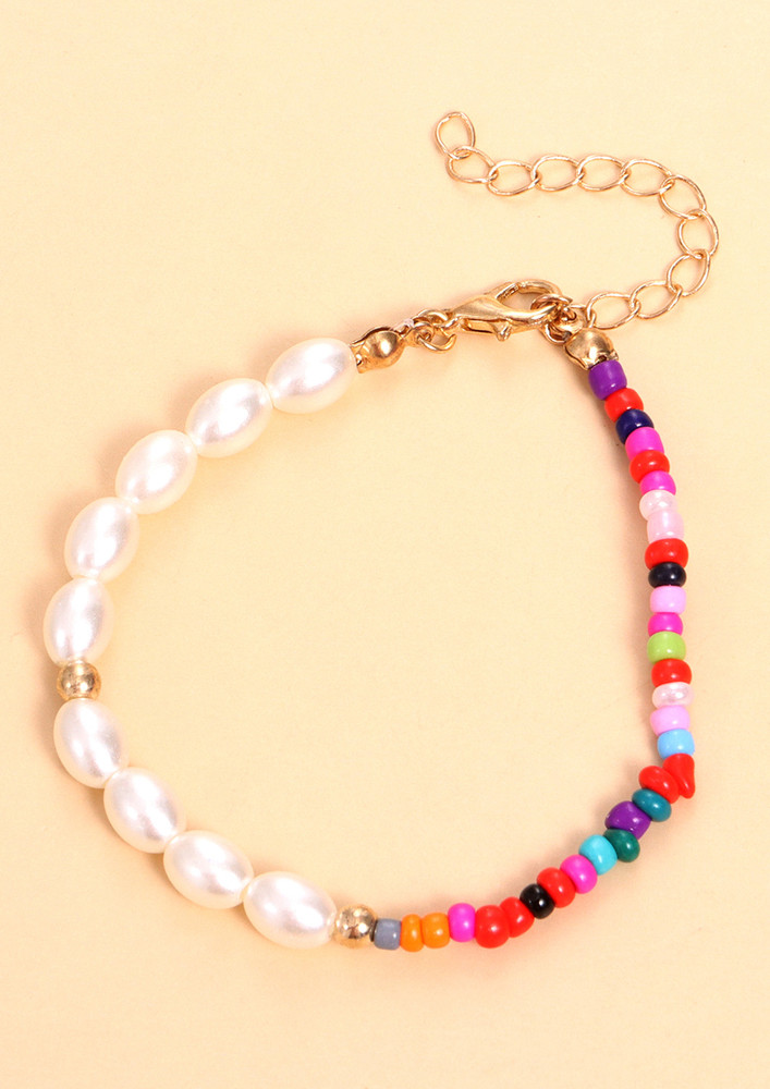 Golden Pearls & Multicolour Bead Adjustable Bracelet