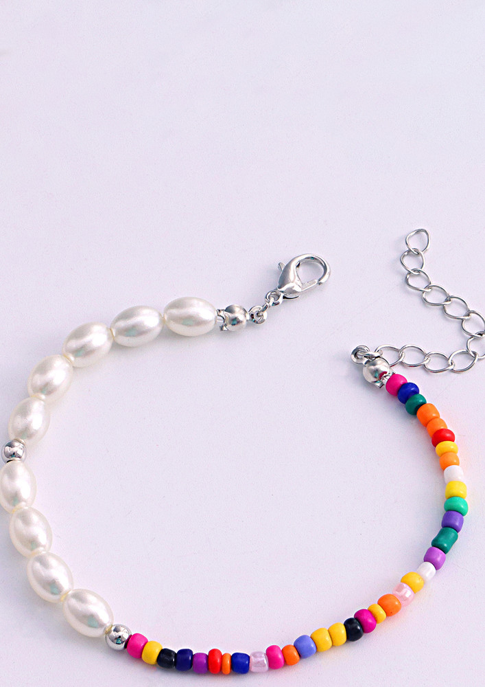 Silver Pearls & Multicolour Bead Adjustable Bracelet