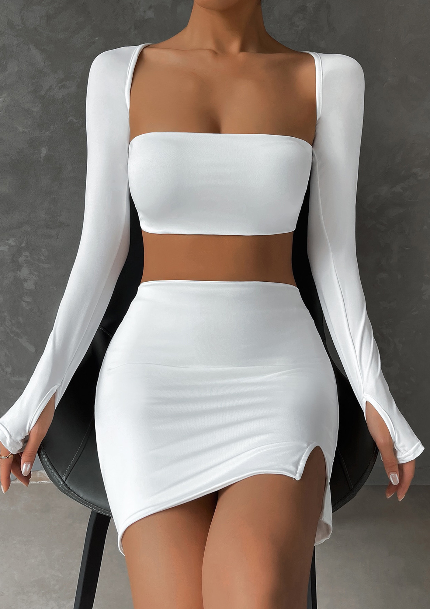 TWO PIECE FITTED WHITE TOP-SKIRT SET