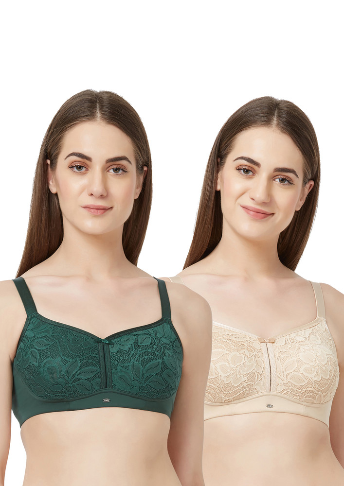 Soie Jungle & Nude Full Coverage Padded Non-wired Lace Bra(pack Of 2)