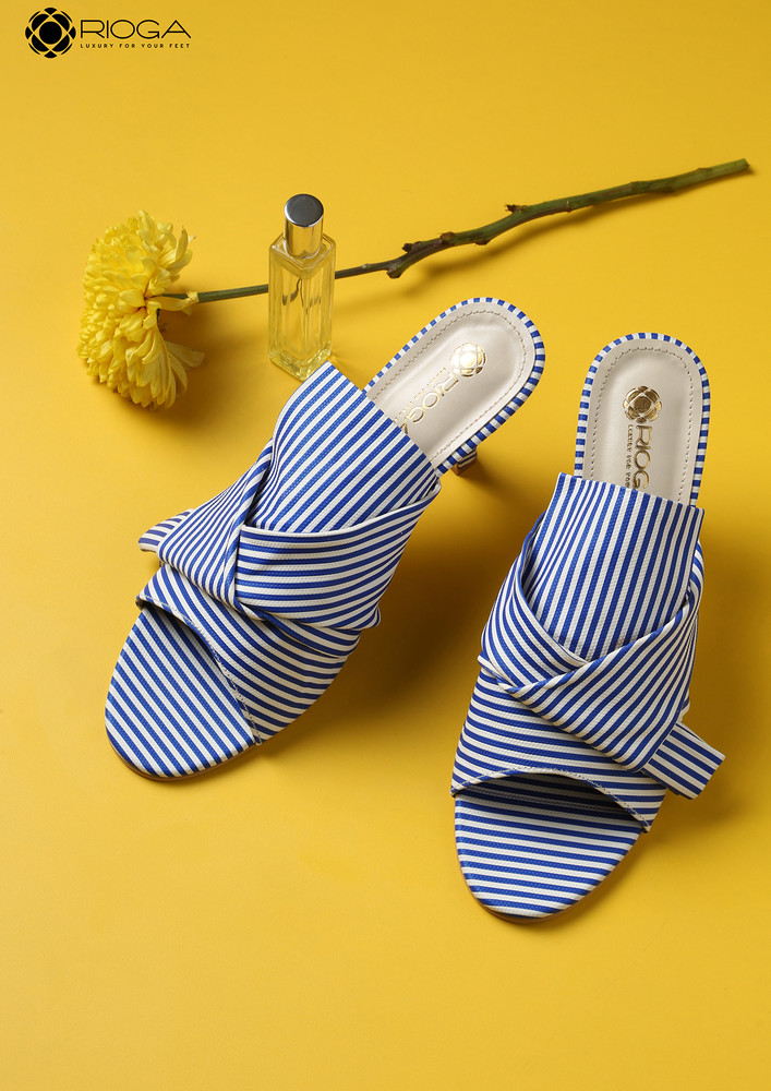 White & Blue Striped Heeled Mules
