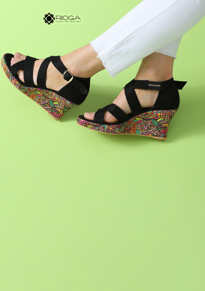 Multicolored wedges with black suede straps