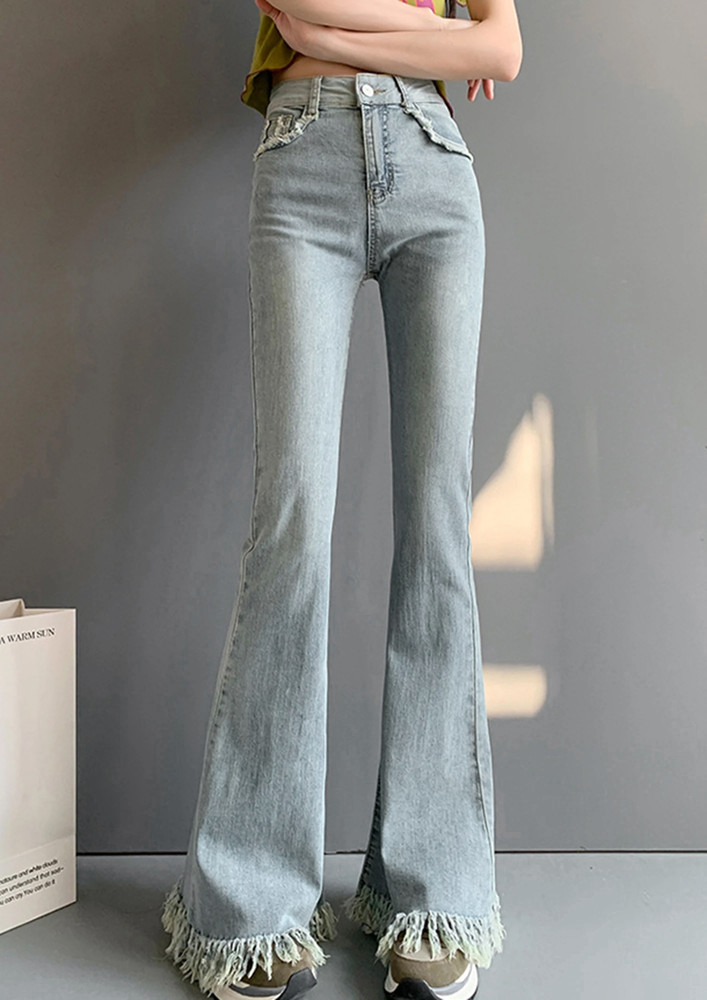 BLUE RAW-TRIMMED Y2K FLARE JEANS