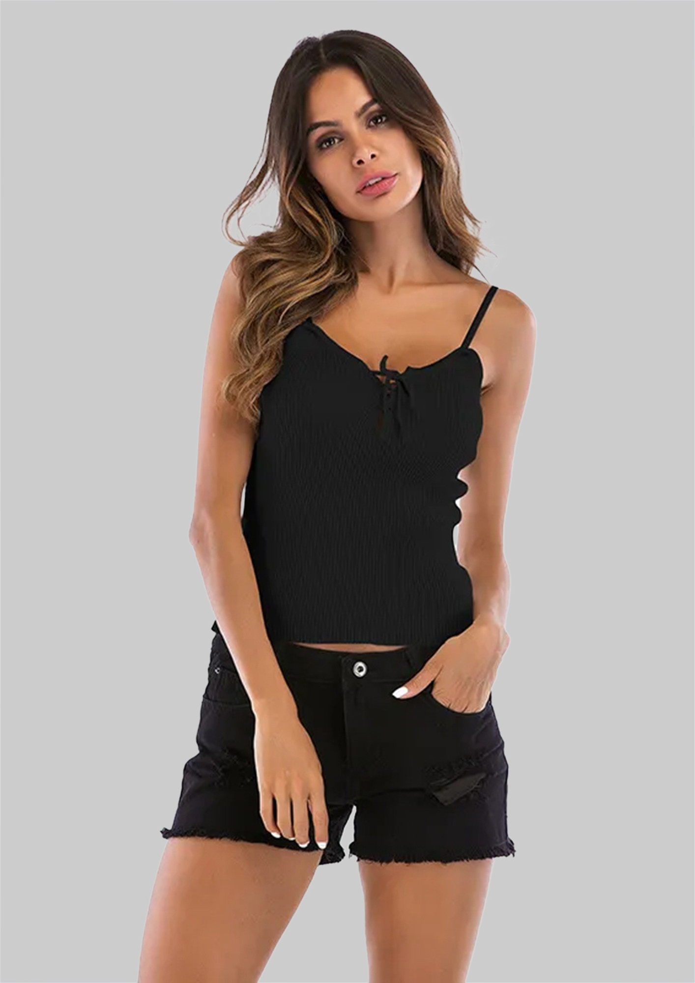 STRAPPY FRONT-TIE DETAIL SOLID BLACK CAMI