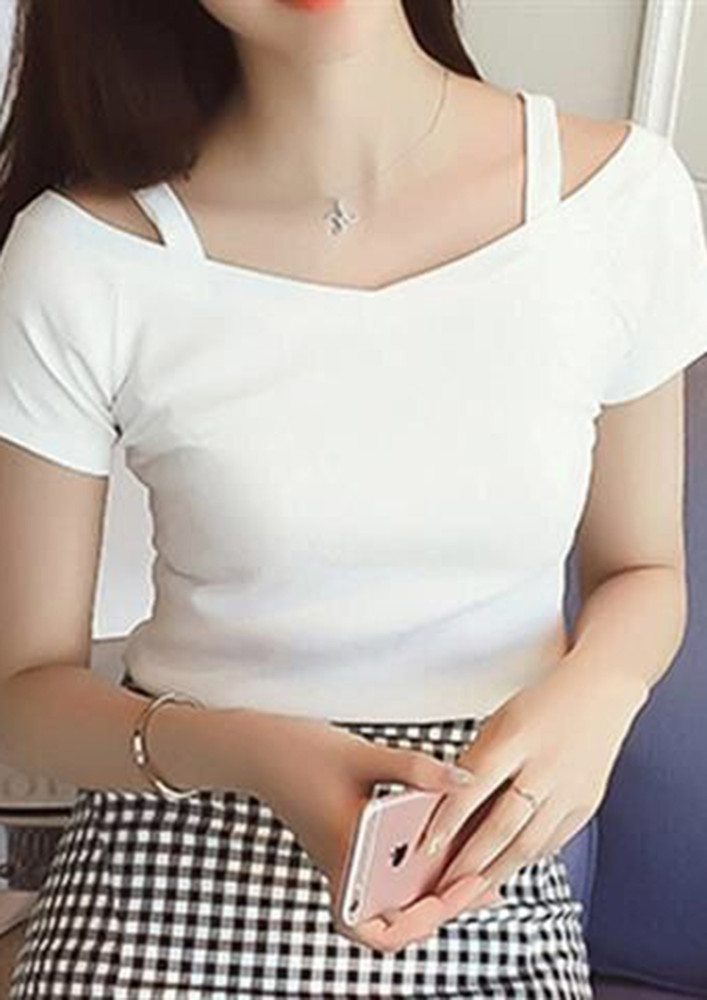 FITTED OFF-SHOULDER STRAP SOLID WHITE T-SHIRT
