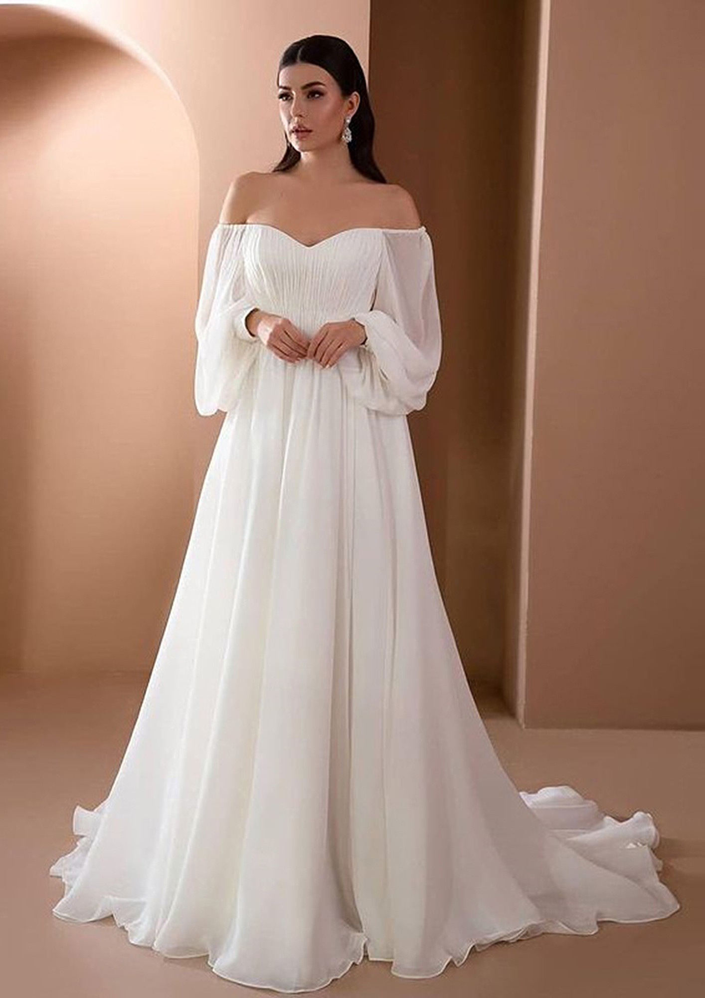 Sorali - Long-Sleeve Off-Shoulder Plain Lace Panel A-Line Wedding Gown |  YesStyle