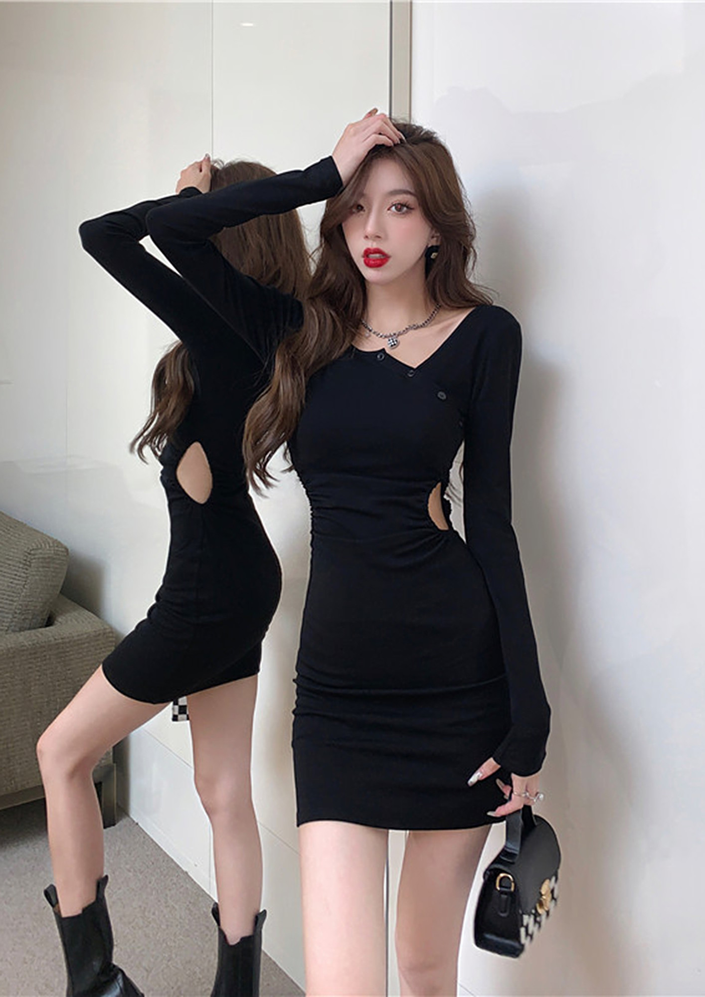 Black Cut-waist Bodycon Short Dress
