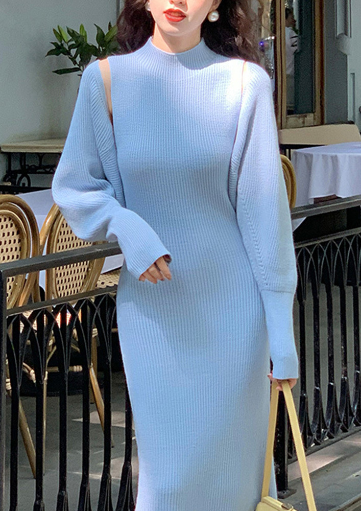 KNITTED BLUE DRESS WITH CROPPED CARDIGAN