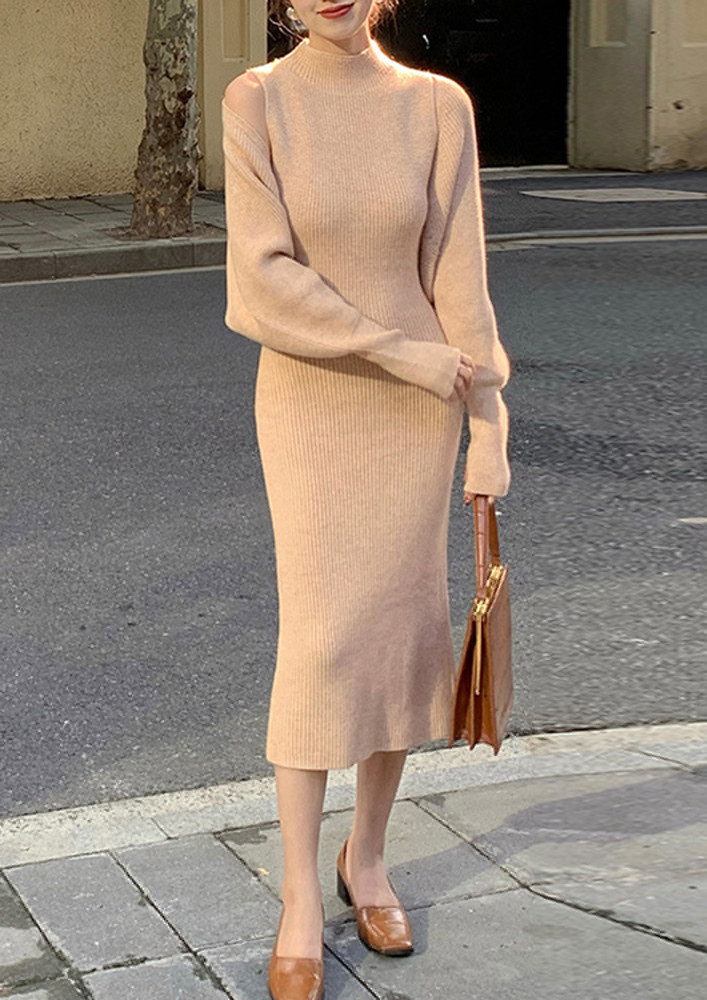 KNITTED BEIGE DRESS WITH CROPPED CARDIGAN