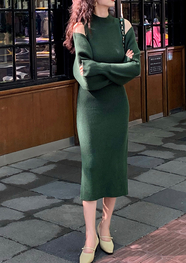 KNITTED DARK GREEN DRESS WITH CROPPED CARDIGAN