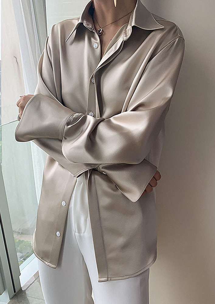 CHAMPAGNE CONCEALED BUTTON-DOWN SATIN SHIRT