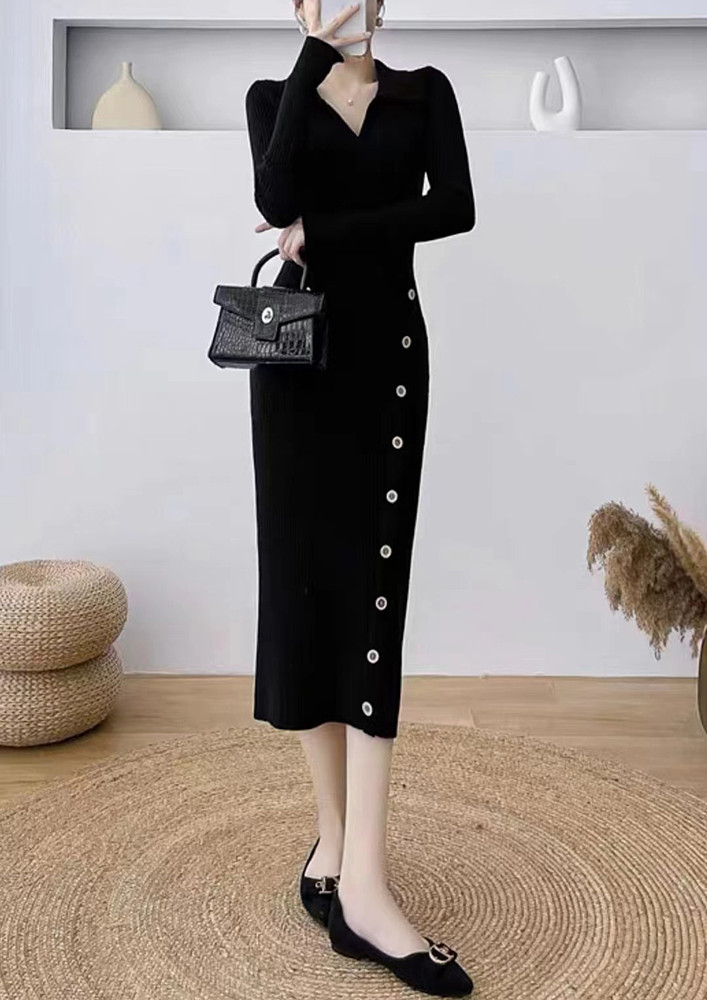 COLLARED BLACK KNITTED PENCIL DRESS