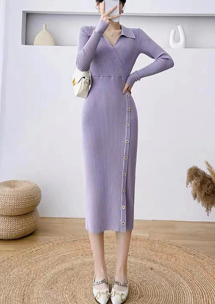 COLLARED PURPLE KNITTED PENCIL DRESS