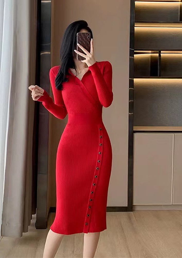 COLLARED RED KNITTED PENCIL DRESS