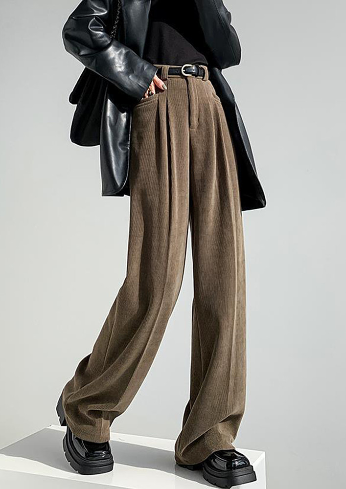 Mid-waist Khaki Loose Corduroy Trousers