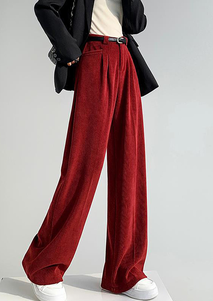 Mid-waist Red Loose Corduroy Trousers