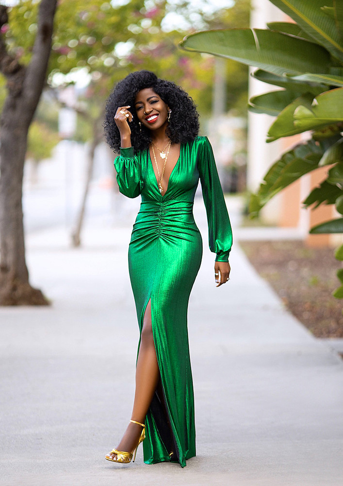Green V-neck Sheath Long Metallic Dress