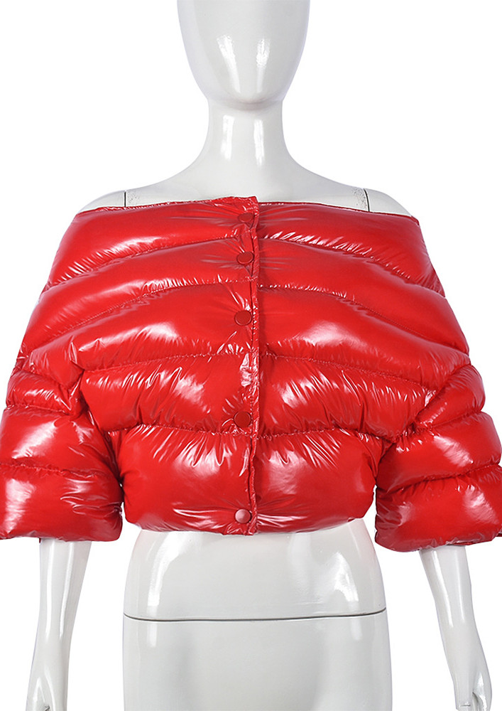PATENT LEATHER BOAT NECK RED PUFFER JACKET