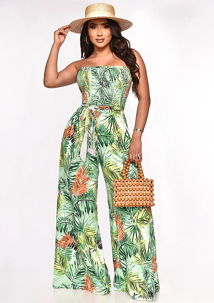 GREEN STRAPLESS SMOCKED WIDE JUMPSUIT