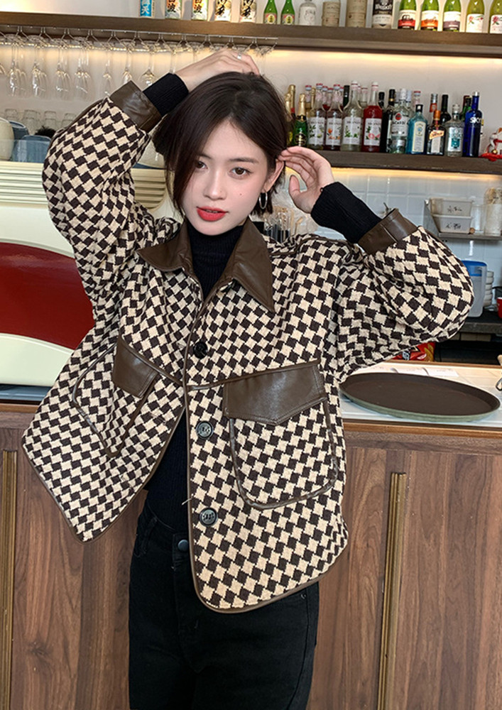 BROWN BUTTON-DOWN HOUNDSTOOTH JACKET