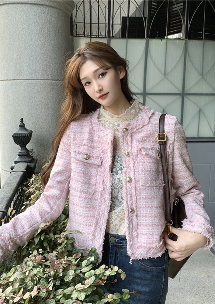 CONTRAST STRIPED PINK TEXTURED JACKET