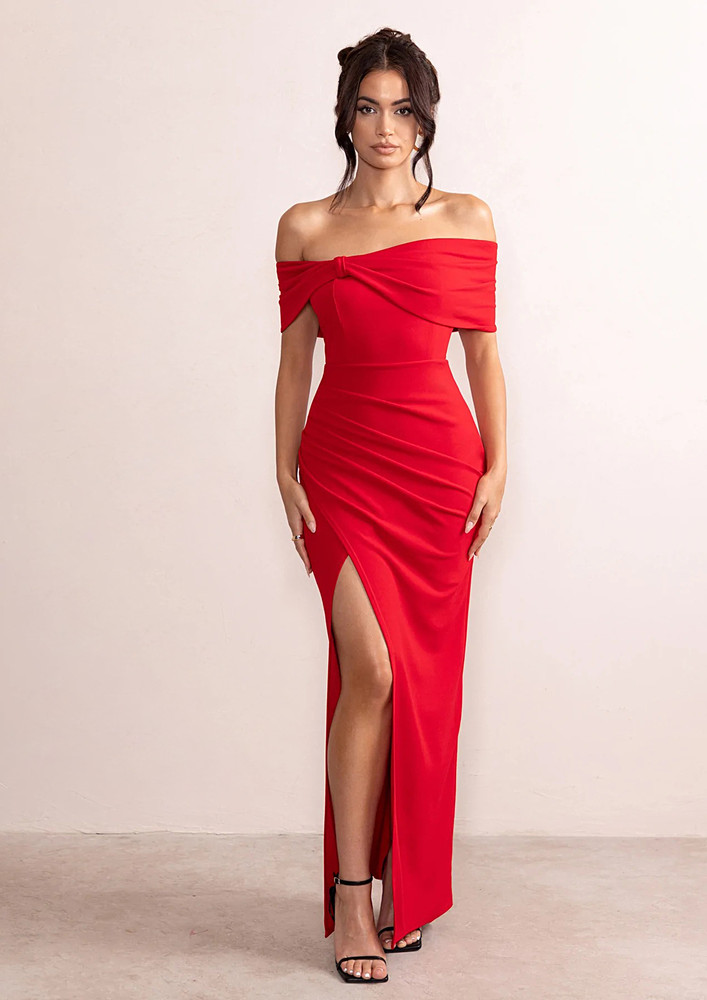 Red Off-shoulder Long Sheath Dress