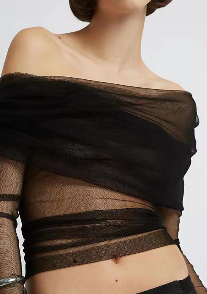 Black Ruched Off-shoulder Top & Drape Skirt Set
