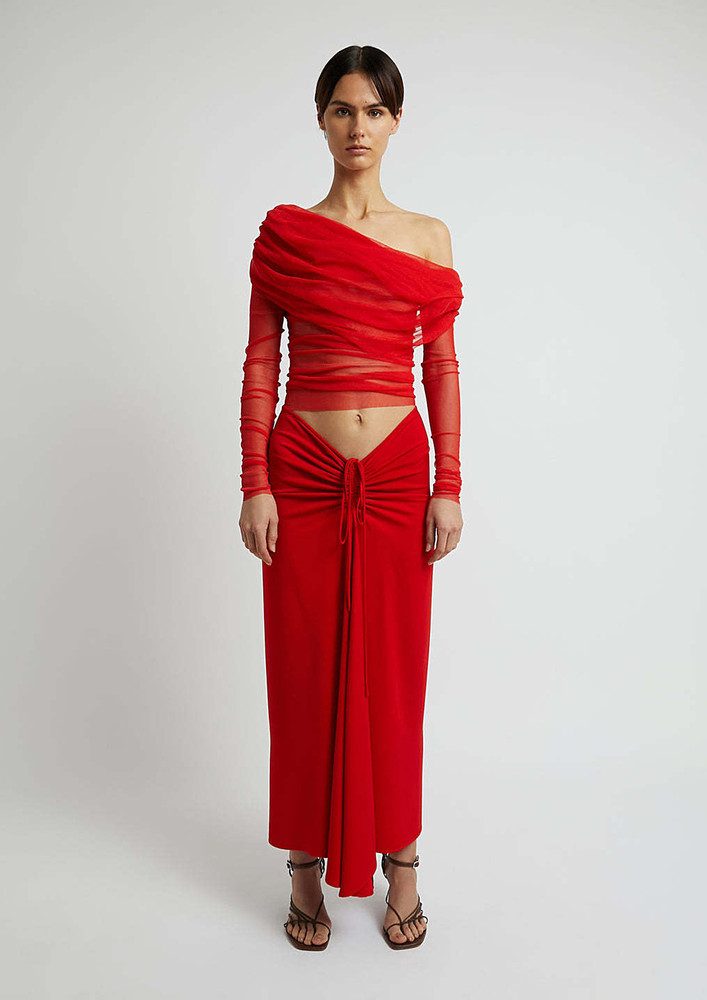 Red Ruched Off-shoulder Top & Drape Skirt Set