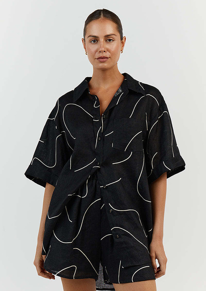 Black Abstract Pattern Shirt And Shorts Set