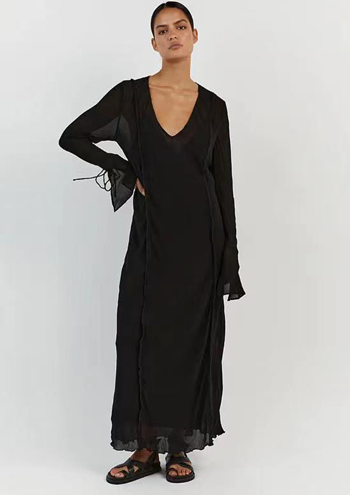 Black V-neck Reverse-stitch Long Sheer Dress