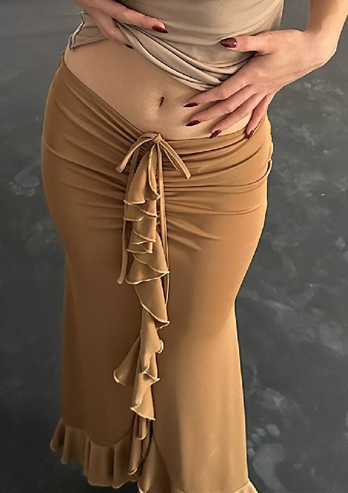 Brown Draped V-shape Low-waist Maxi Skirt
